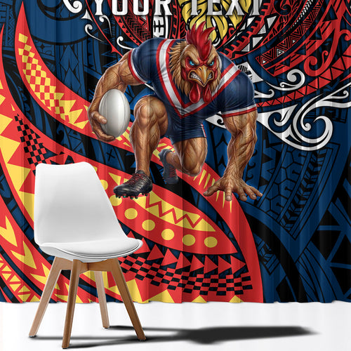 Personalised Sydney Roosters Window Curtain Polynesian Tribal Art Style With Aggressive Rooster Mascot