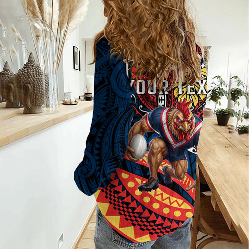 Personalised Sydney Roosters Women Casual Shirt Polynesian Tribal Art Style With Aggressive Rooster Mascot