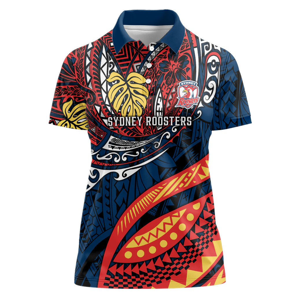 Personalised Sydney Roosters Women Polo Shirt Polynesian Tribal Art Style With Aggressive Rooster Mascot
