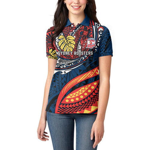 Personalised Sydney Roosters Women Polo Shirt Polynesian Tribal Art Style With Aggressive Rooster Mascot