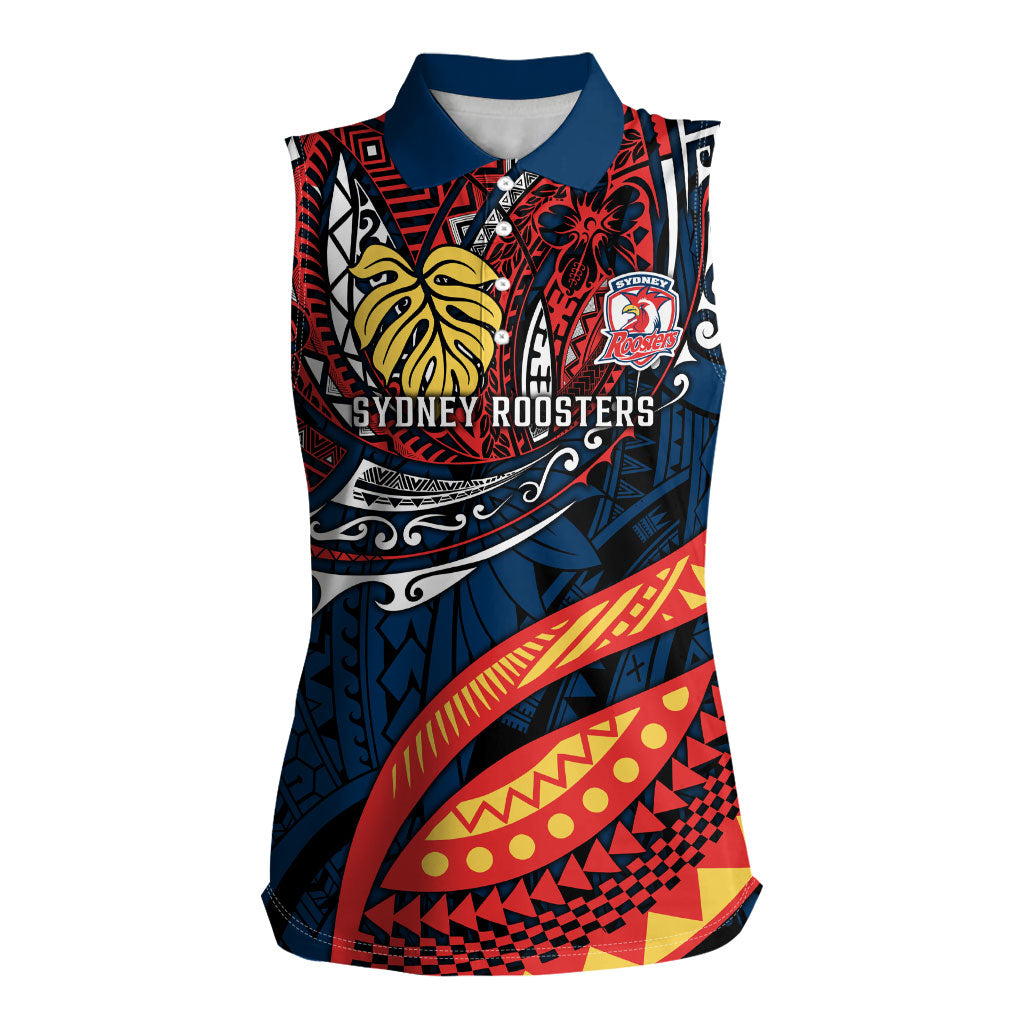 Personalised Sydney Roosters Women Sleeveless Polo Shirt Polynesian Tribal Art Style With Aggressive Rooster Mascot