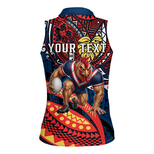 Personalised Sydney Roosters Women Sleeveless Polo Shirt Polynesian Tribal Art Style With Aggressive Rooster Mascot