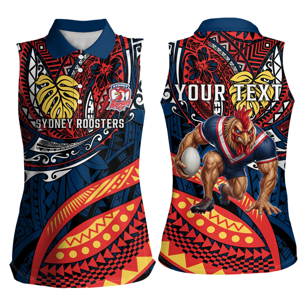 Personalised Sydney Roosters Women Sleeveless Polo Shirt Polynesian Tribal Art Style With Aggressive Rooster Mascot