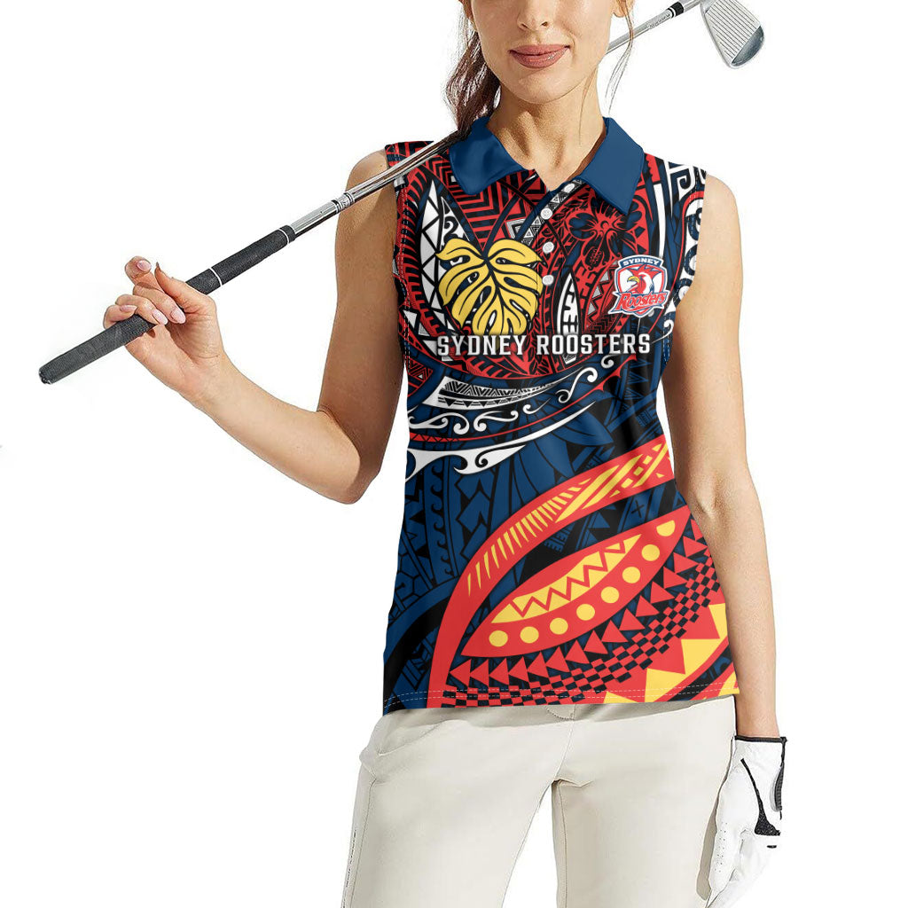 Personalised Sydney Roosters Women Sleeveless Polo Shirt Polynesian Tribal Art Style With Aggressive Rooster Mascot