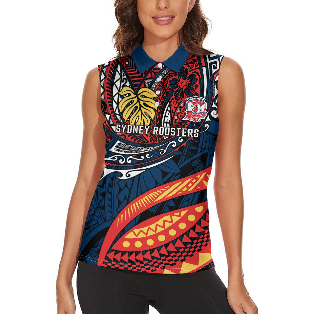 Personalised Sydney Roosters Women Sleeveless Polo Shirt Polynesian Tribal Art Style With Aggressive Rooster Mascot
