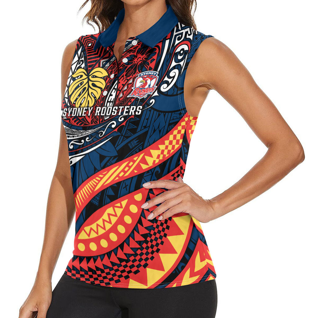 Personalised Sydney Roosters Women Sleeveless Polo Shirt Polynesian Tribal Art Style With Aggressive Rooster Mascot