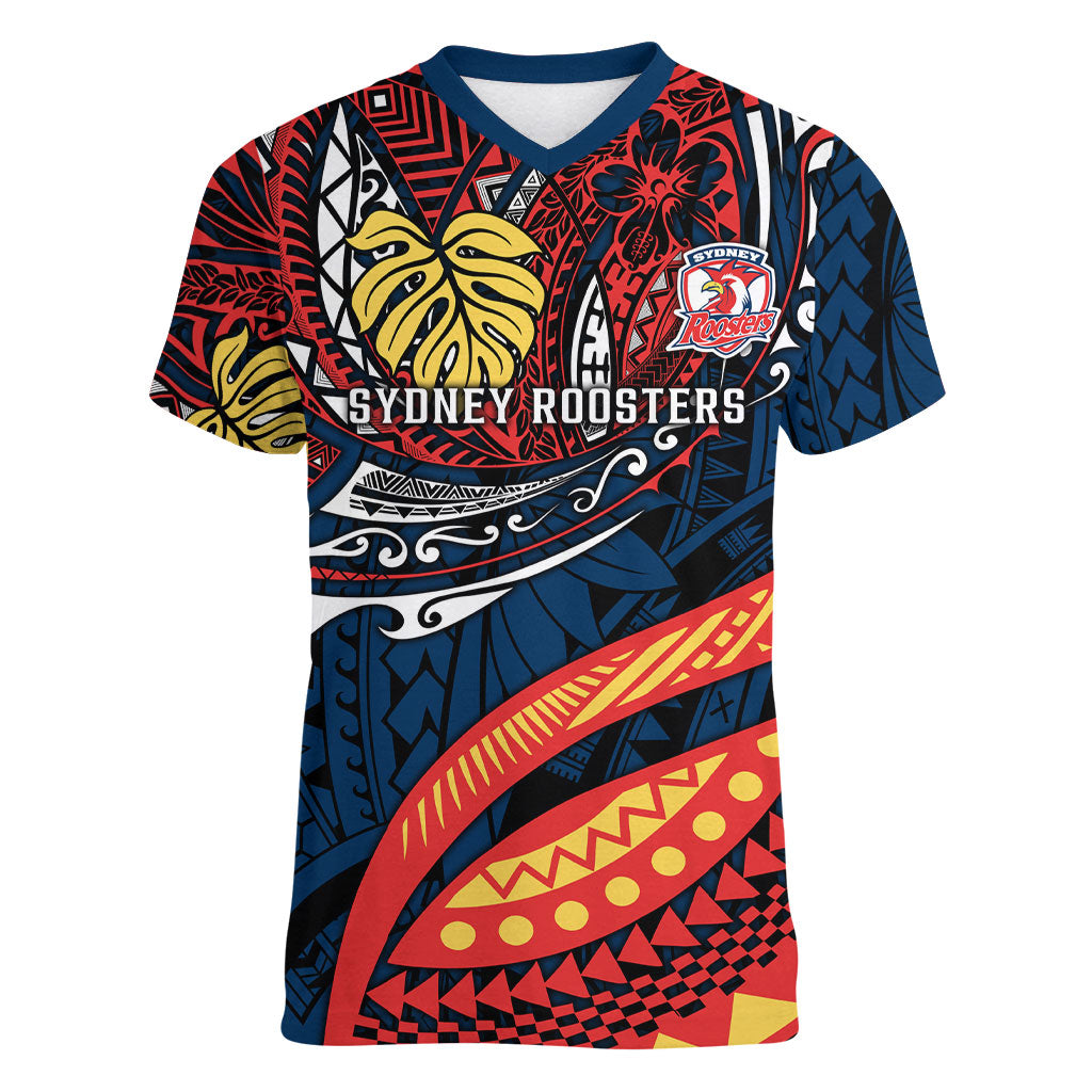Personalised Sydney Roosters Women V-Neck T-Shirt Polynesian Tribal Art Style With Aggressive Rooster Mascot