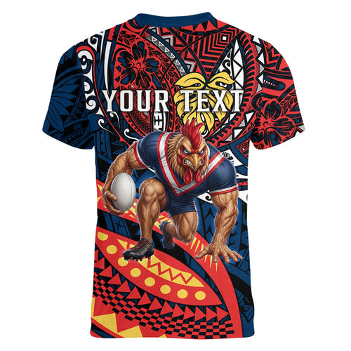 Personalised Sydney Roosters Women V-Neck T-Shirt Polynesian Tribal Art Style With Aggressive Rooster Mascot