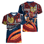 Personalised Sydney Roosters Women V-Neck T-Shirt Polynesian Tribal Art Style With Aggressive Rooster Mascot