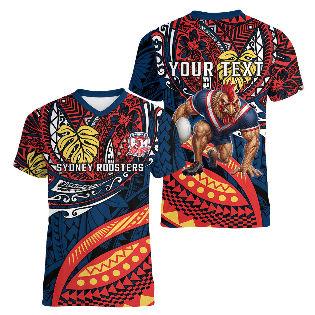 Personalised Sydney Roosters Women V-Neck T-Shirt Polynesian Tribal Art Style With Aggressive Rooster Mascot