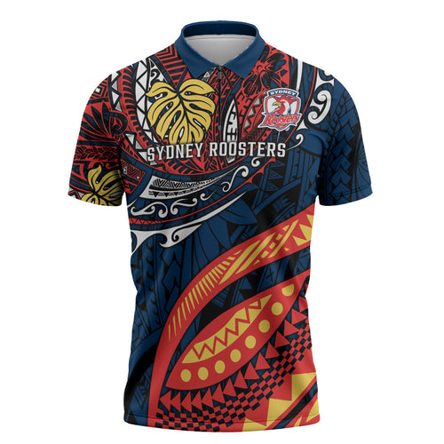 Personalised Sydney Roosters Zipper Polo Shirt Polynesian Tribal Art Style With Aggressive Rooster Mascot