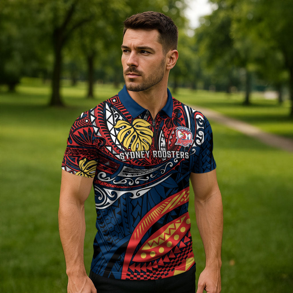 Personalised Sydney Roosters Zipper Polo Shirt Polynesian Tribal Art Style With Aggressive Rooster Mascot
