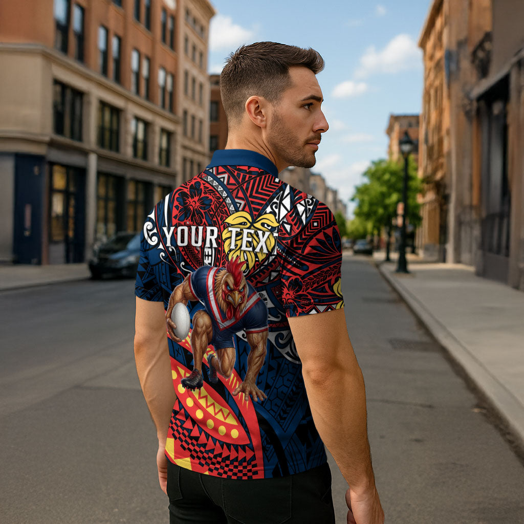 Personalised Sydney Roosters Zipper Polo Shirt Polynesian Tribal Art Style With Aggressive Rooster Mascot
