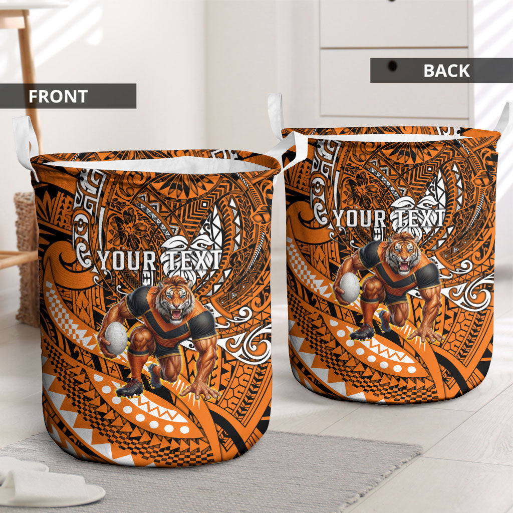 Personalised Wests Tigers Laundry Basket Polynesian Tribal Art Style With Powerful Tiger Mascot