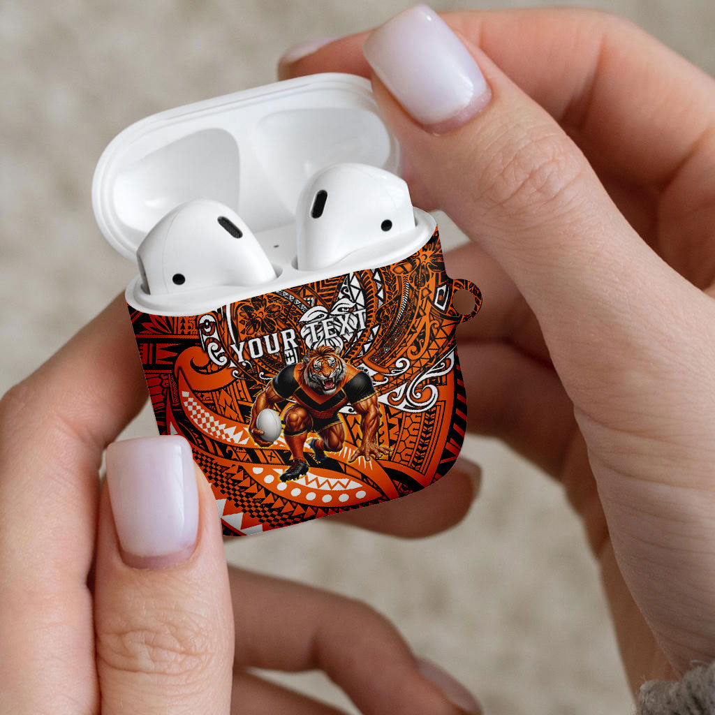 Personalised Wests Tigers AirPods Case Polynesian Tribal Art Style With Powerful Tiger Mascot