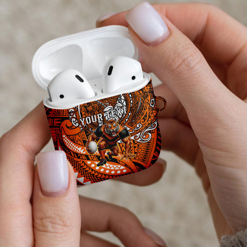 Personalised Wests Tigers AirPods Case Polynesian Tribal Art Style With Powerful Tiger Mascot