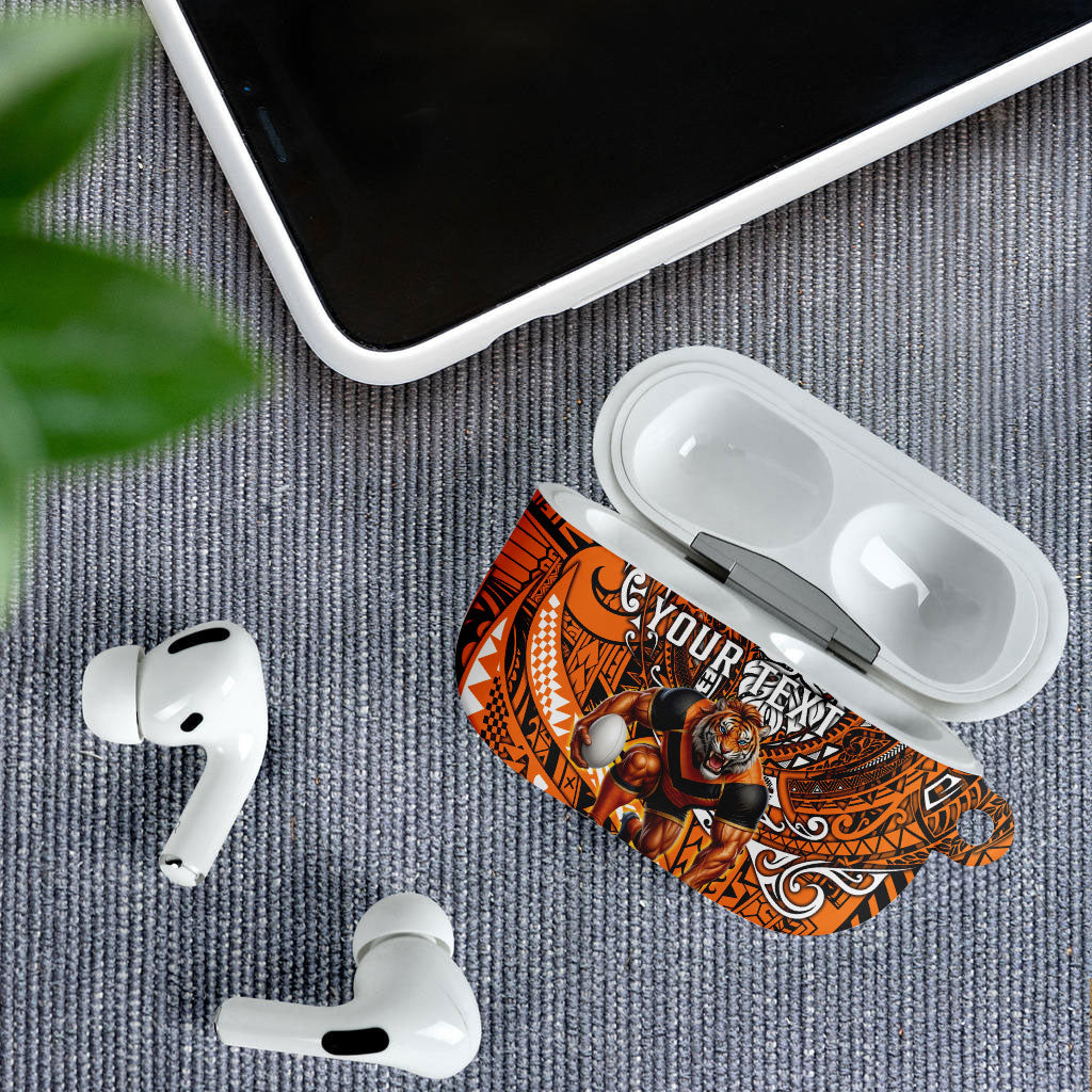 Personalised Wests Tigers AirPods Case Polynesian Tribal Art Style With Powerful Tiger Mascot