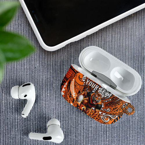 Personalised Wests Tigers AirPods Case Polynesian Tribal Art Style With Powerful Tiger Mascot