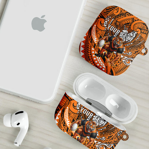 Personalised Wests Tigers AirPods Case Polynesian Tribal Art Style With Powerful Tiger Mascot