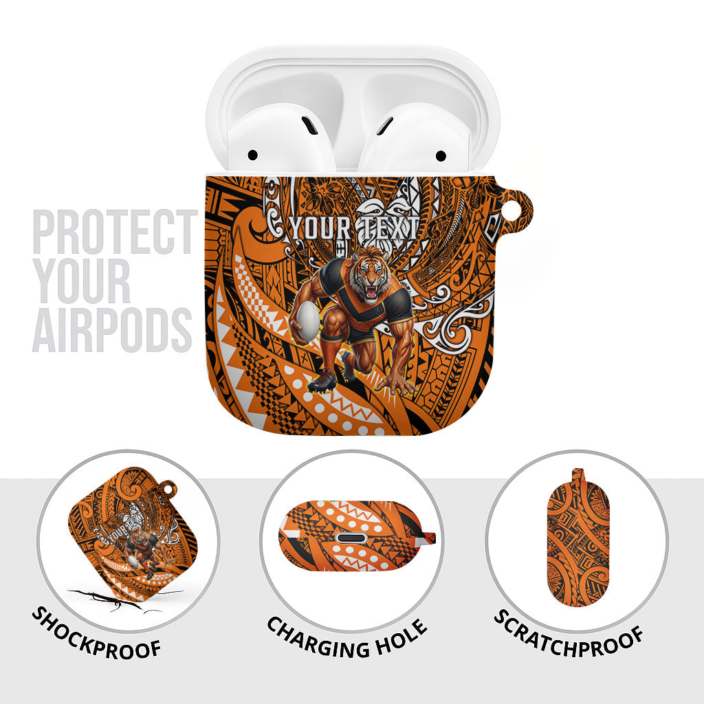 Personalised Wests Tigers AirPods Case Polynesian Tribal Art Style With Powerful Tiger Mascot