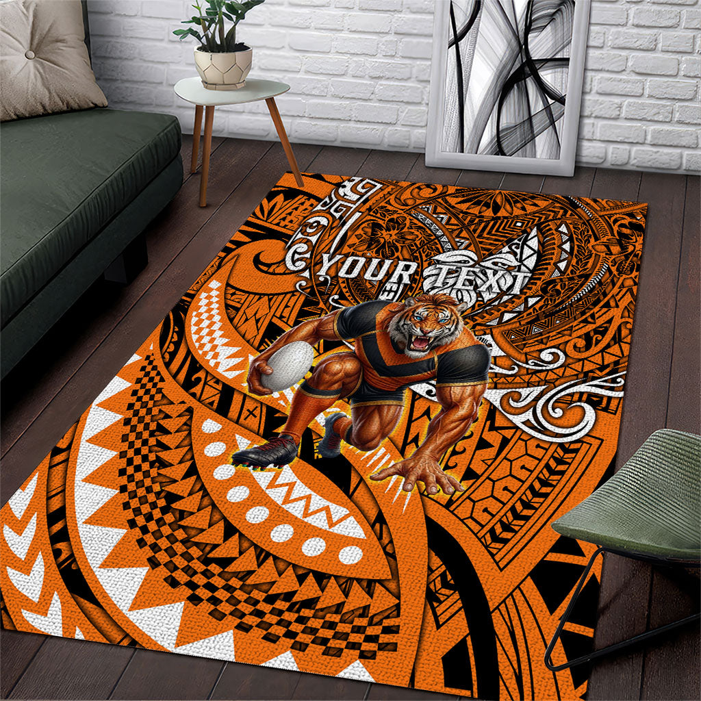 Personalised Wests Tigers Area Rug Polynesian Tribal Art Style With Powerful Tiger Mascot