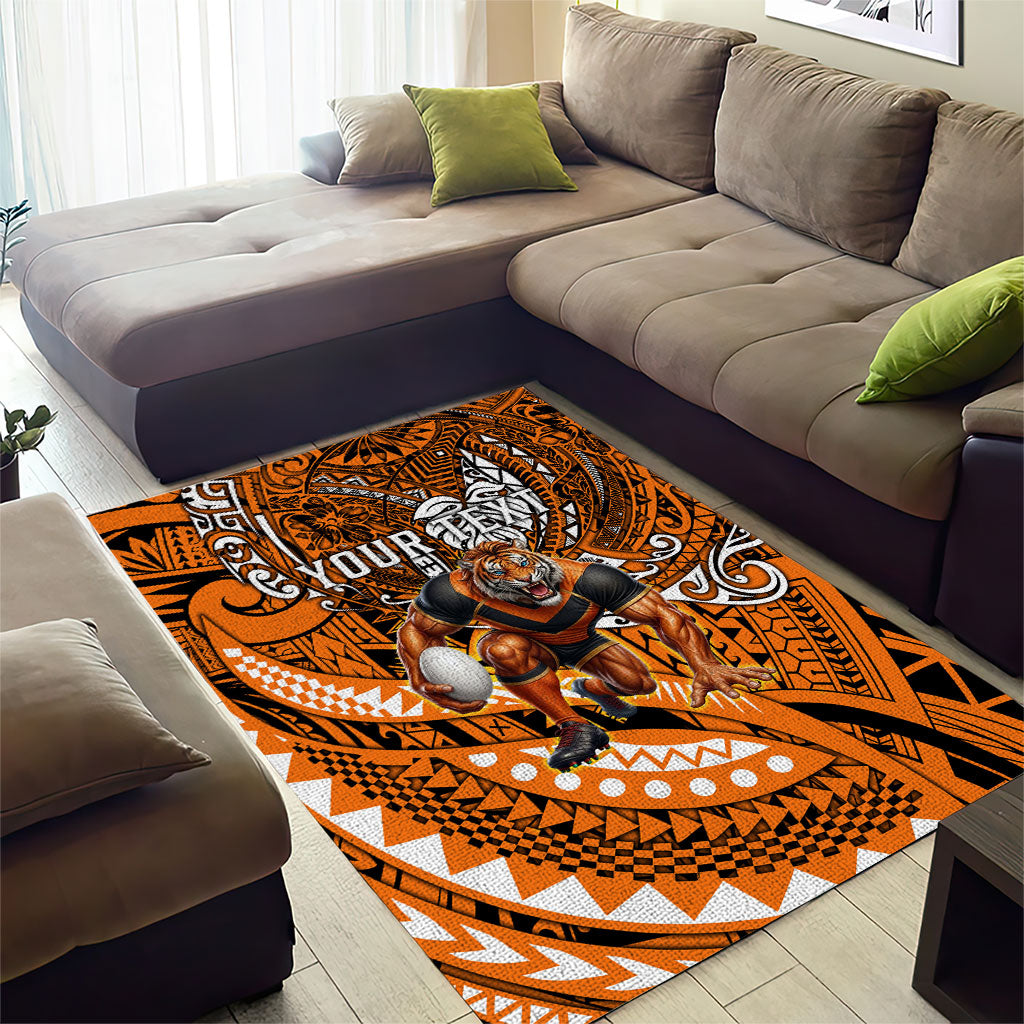 Personalised Wests Tigers Area Rug Polynesian Tribal Art Style With Powerful Tiger Mascot