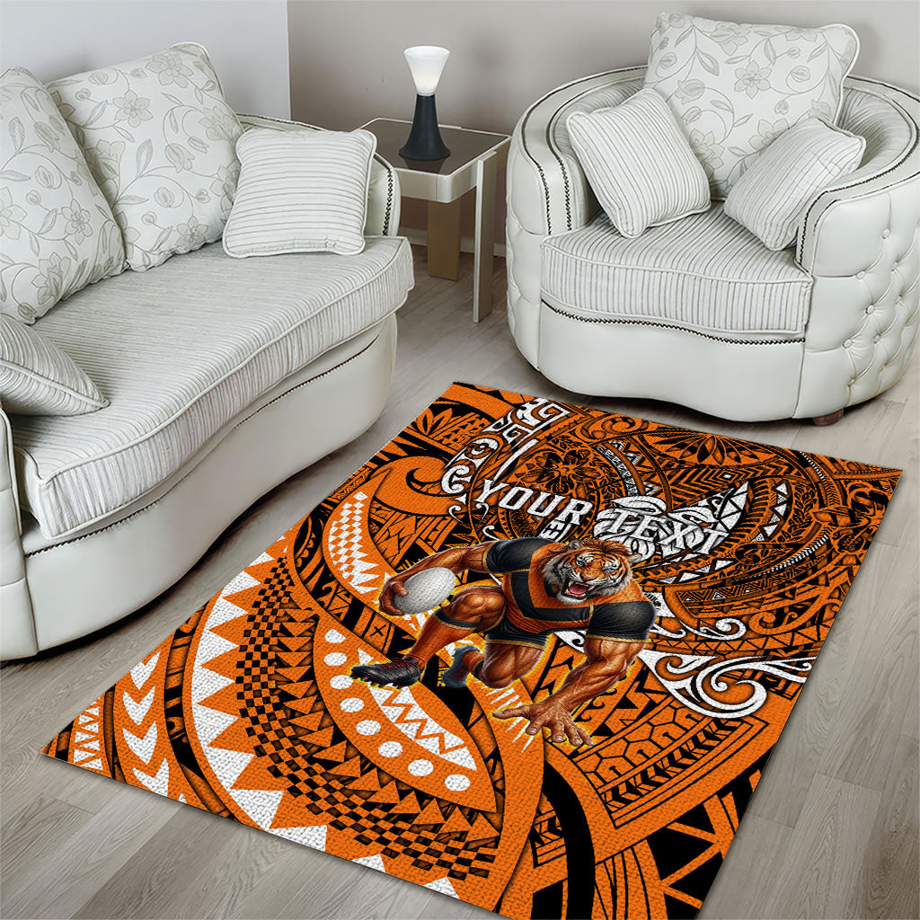 Personalised Wests Tigers Area Rug Polynesian Tribal Art Style With Powerful Tiger Mascot