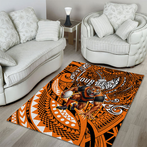 Personalised Wests Tigers Area Rug Polynesian Tribal Art Style With Powerful Tiger Mascot