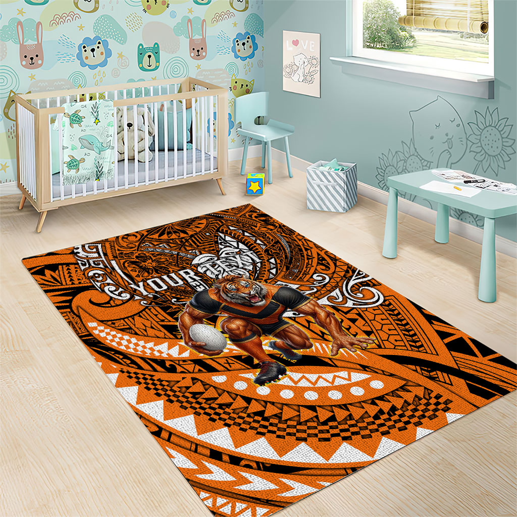 Personalised Wests Tigers Area Rug Polynesian Tribal Art Style With Powerful Tiger Mascot