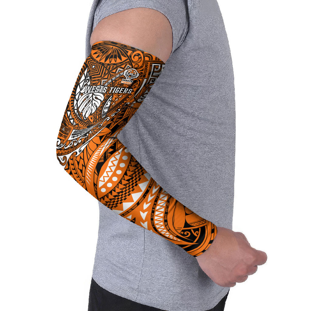 Personalised Wests Tigers Arm Sleeves Polynesian Tribal Art Style With Powerful Tiger Mascot