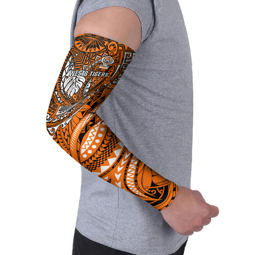 Personalised Wests Tigers Arm Sleeves Polynesian Tribal Art Style With Powerful Tiger Mascot