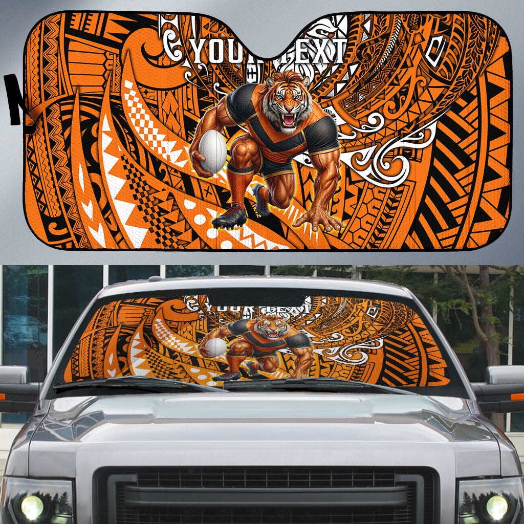 Personalised Wests Tigers Auto Sun Shade Polynesian Tribal Art Style With Powerful Tiger Mascot