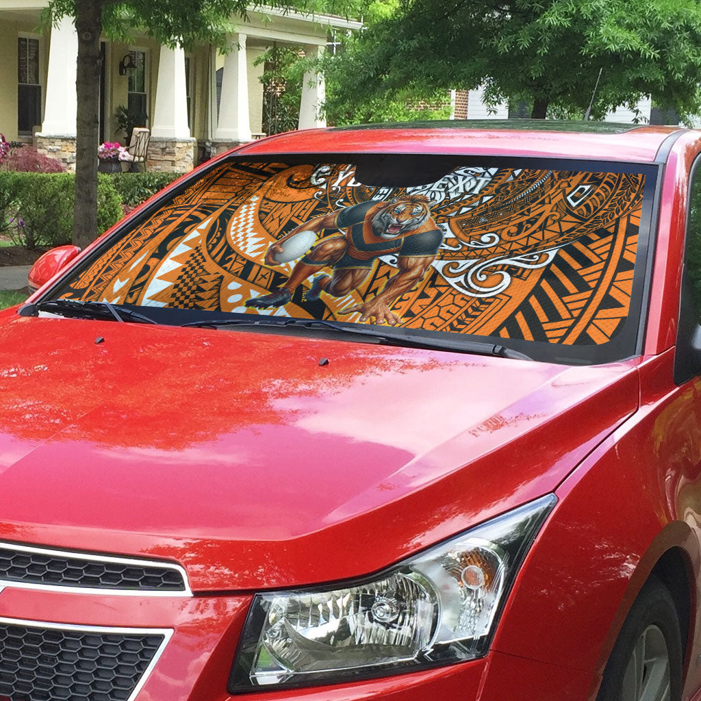 Personalised Wests Tigers Auto Sun Shade Polynesian Tribal Art Style With Powerful Tiger Mascot