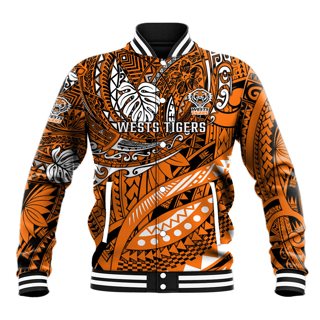 Personalised Wests Tigers Baseball Jacket Polynesian Tribal Art Style With Powerful Tiger Mascot