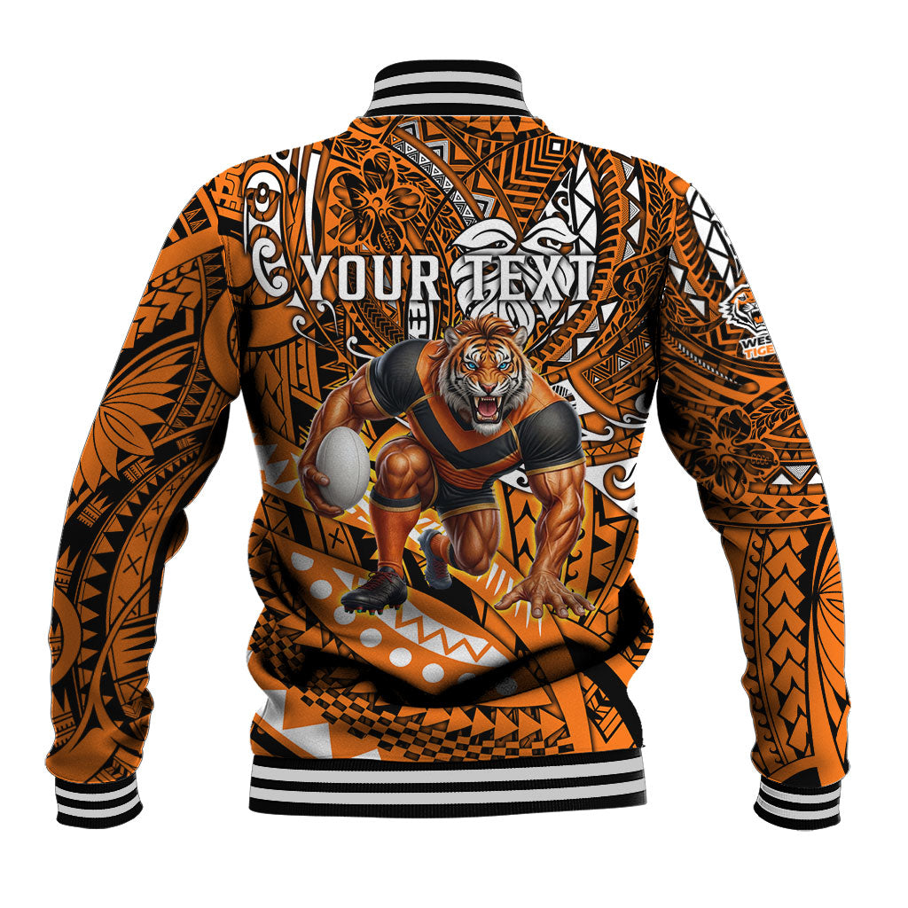 Personalised Wests Tigers Baseball Jacket Polynesian Tribal Art Style With Powerful Tiger Mascot