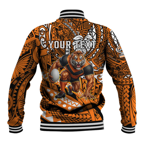 Personalised Wests Tigers Baseball Jacket Polynesian Tribal Art Style With Powerful Tiger Mascot