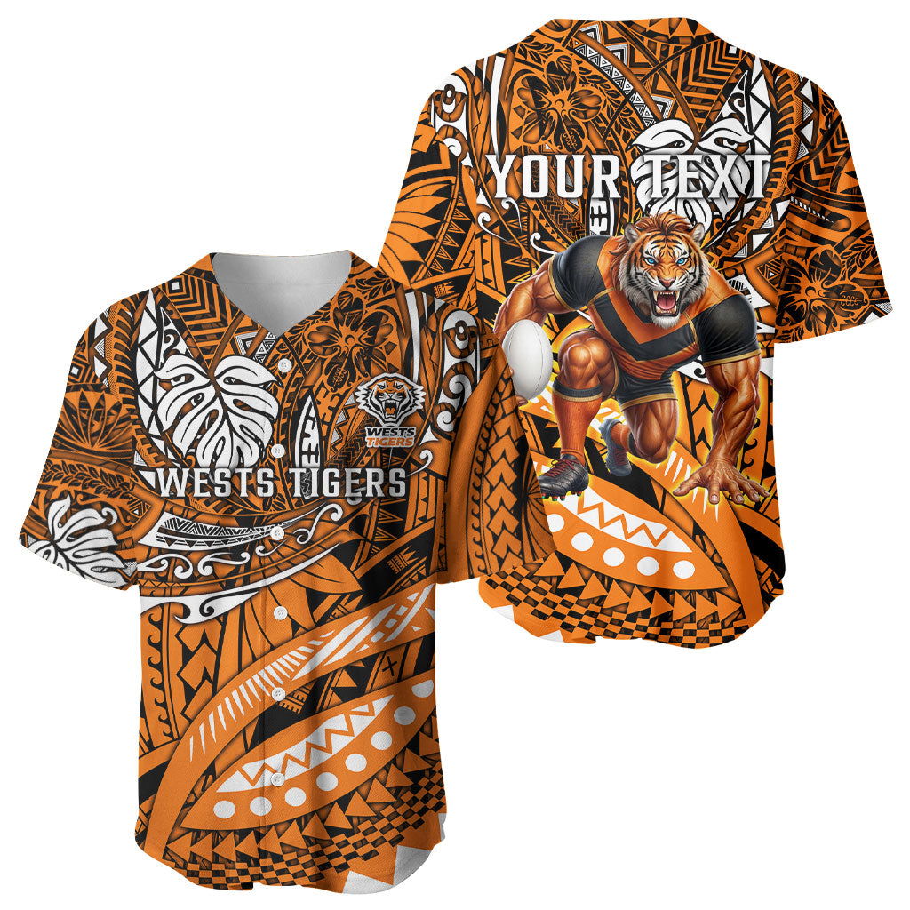 Personalised Wests Tigers Baseball Jersey Polynesian Tribal Art Style With Powerful Tiger Mascot