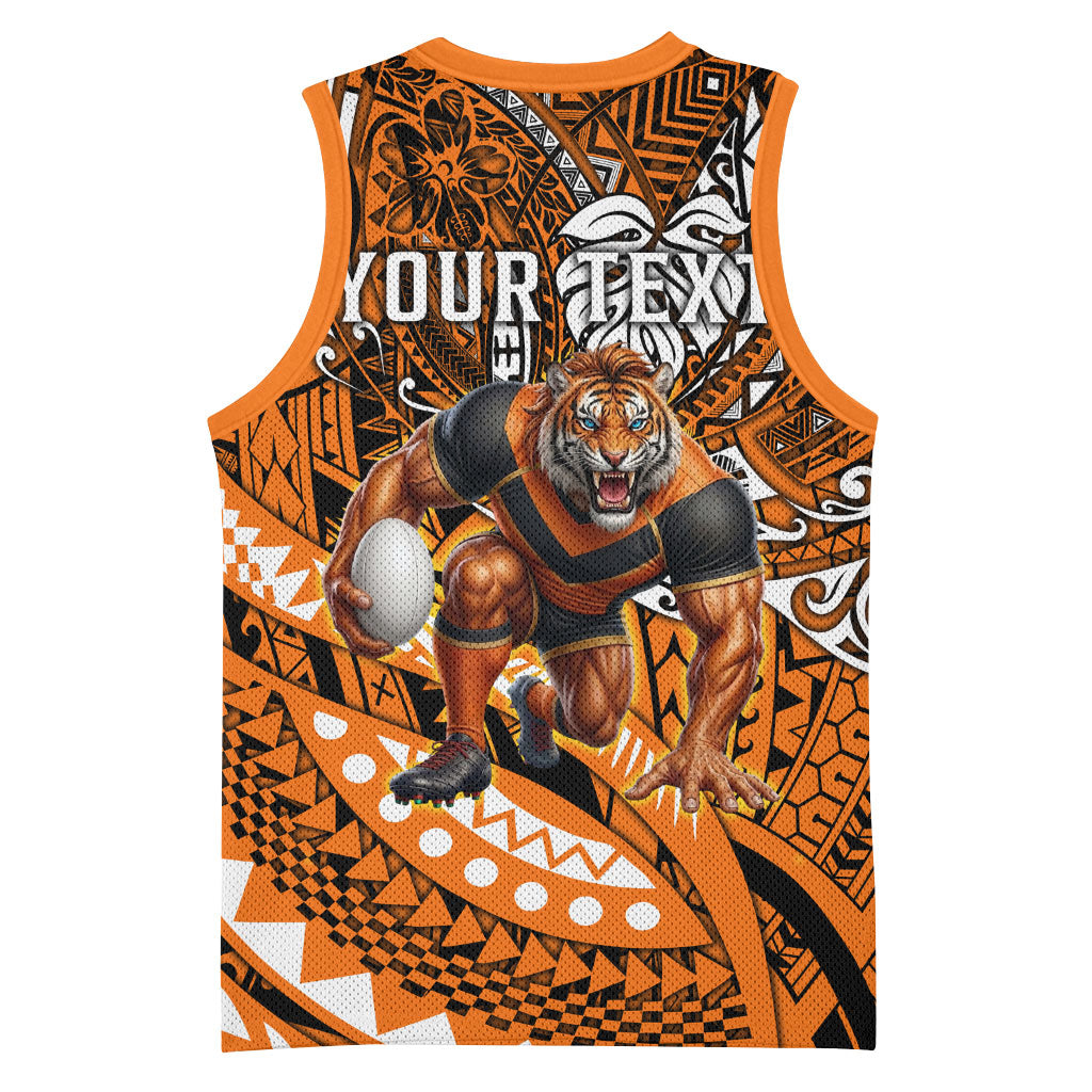 Personalised Wests Tigers Basketball Jersey Polynesian Tribal Art Style With Powerful Tiger Mascot