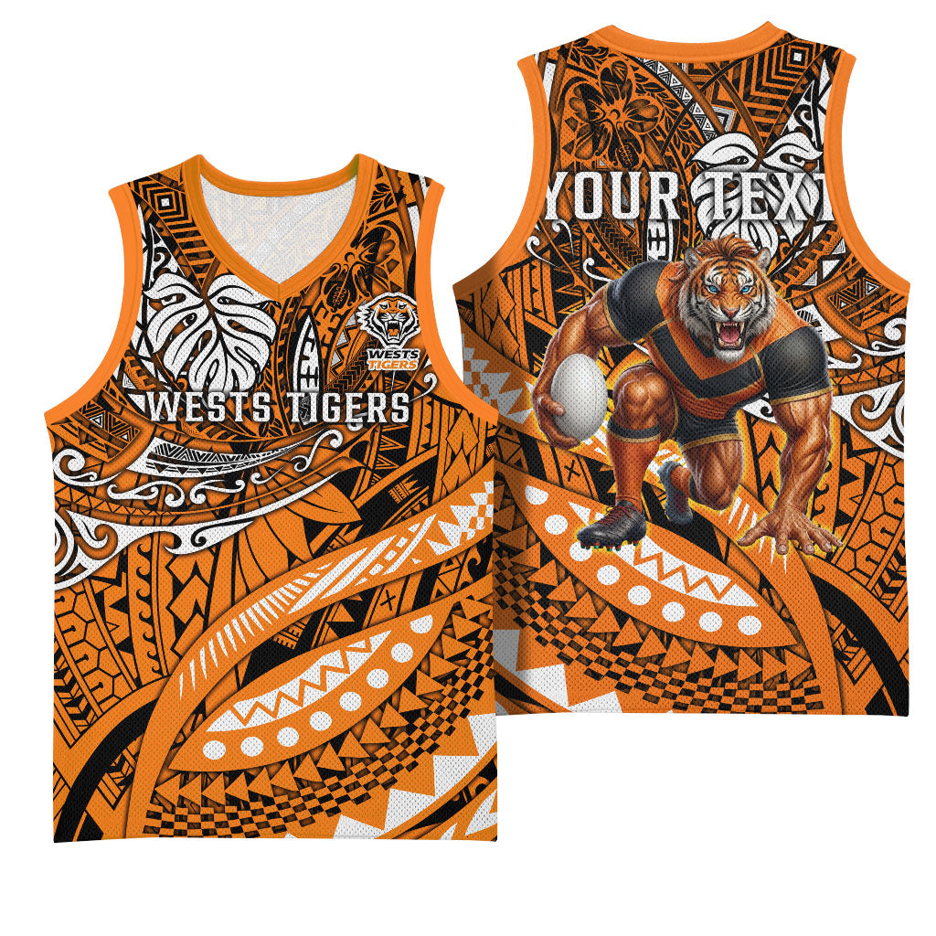 Personalised Wests Tigers Basketball Jersey Polynesian Tribal Art Style With Powerful Tiger Mascot