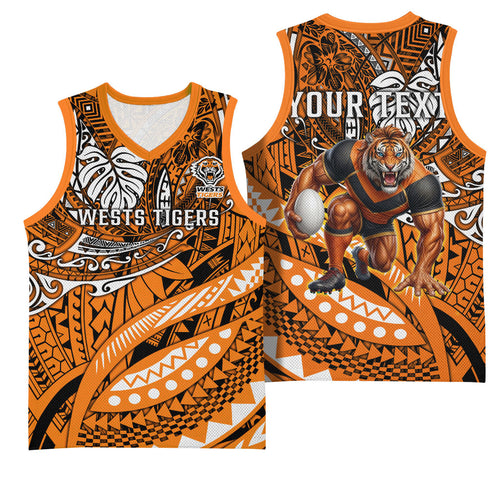 Personalised Wests Tigers Basketball Jersey Polynesian Tribal Art Style With Powerful Tiger Mascot
