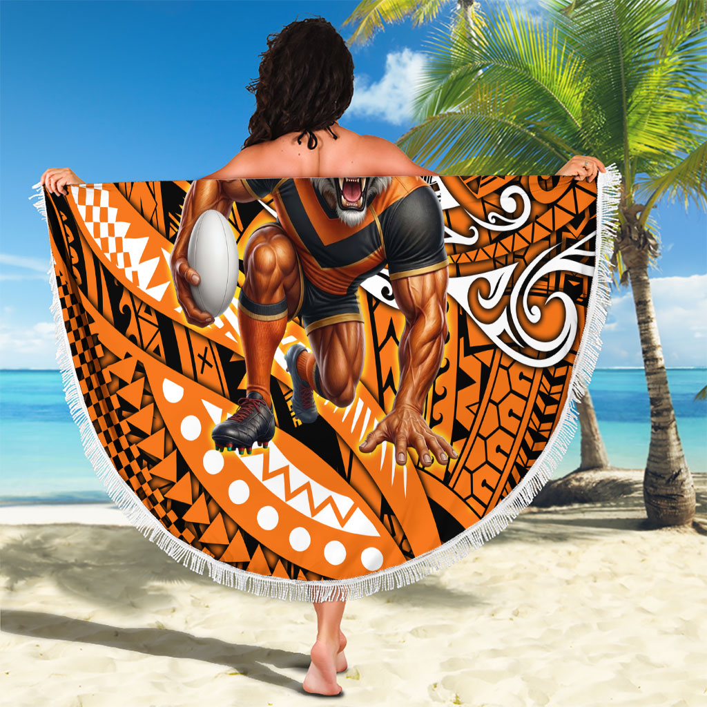 Personalised Wests Tigers Beach Blanket Polynesian Tribal Art Style With Powerful Tiger Mascot