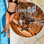 Personalised Wests Tigers Beach Blanket Polynesian Tribal Art Style With Powerful Tiger Mascot