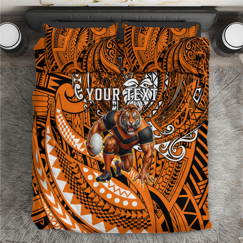 Personalised Wests Tigers Bedding Set Polynesian Tribal Art Style With Powerful Tiger Mascot