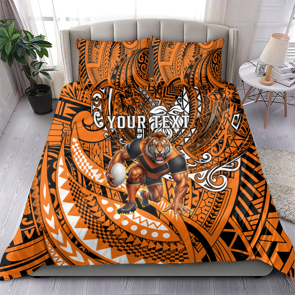 Personalised Wests Tigers Bedding Set Polynesian Tribal Art Style With Powerful Tiger Mascot
