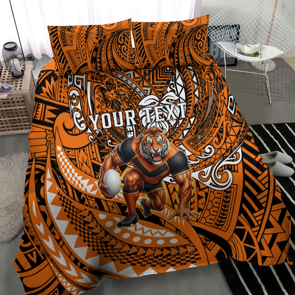Personalised Wests Tigers Bedding Set Polynesian Tribal Art Style With Powerful Tiger Mascot