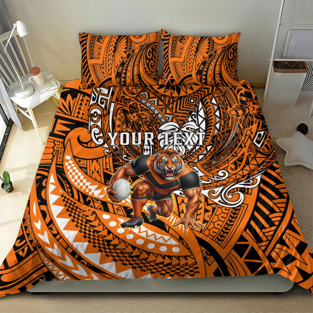 Personalised Wests Tigers Bedding Set Polynesian Tribal Art Style With Powerful Tiger Mascot