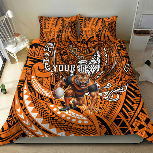 Personalised Wests Tigers Bedding Set Polynesian Tribal Art Style With Powerful Tiger Mascot