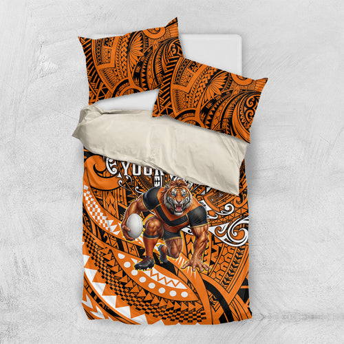 Personalised Wests Tigers Bedding Set Polynesian Tribal Art Style With Powerful Tiger Mascot