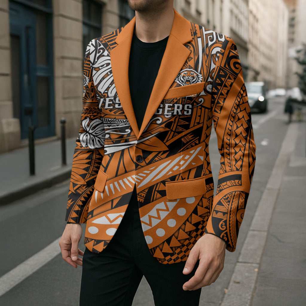 Personalised Wests Tigers Blazer Polynesian Tribal Art Style With Powerful Tiger Mascot