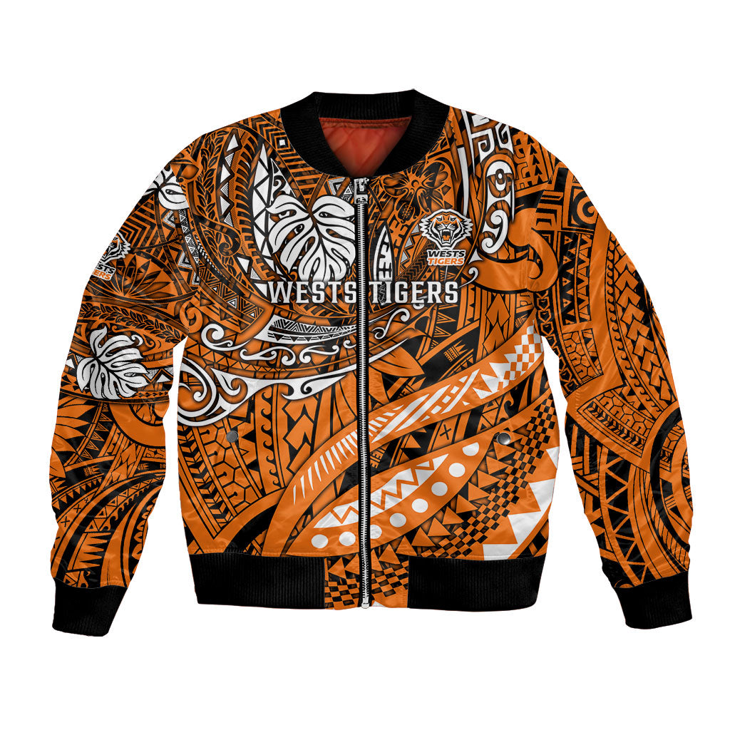 Personalised Wests Tigers Bomber Jacket Polynesian Tribal Art Style With Powerful Tiger Mascot